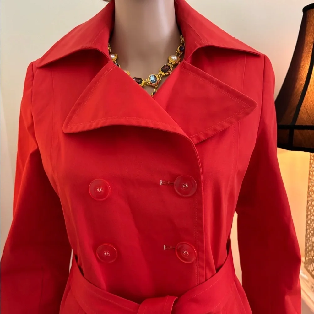 DKNY Red Funnel Neck Belted Trench Coat Pea Coat - Picture 4 of 16